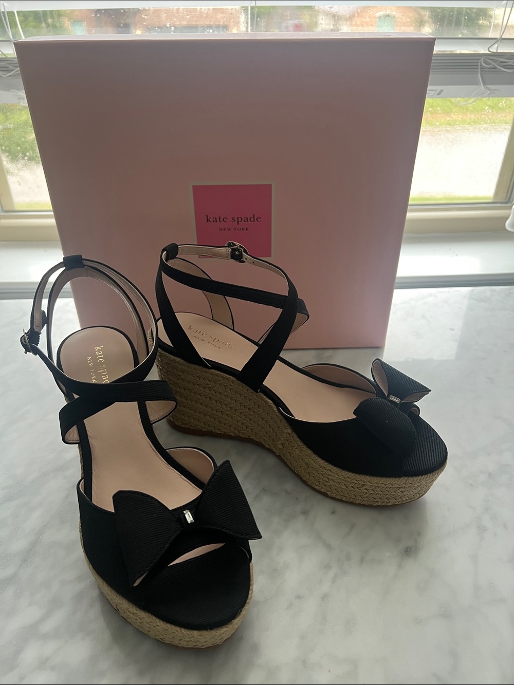 Kate Spade Thelma Black Bow Espadrille Platform Wedges- NEW in box